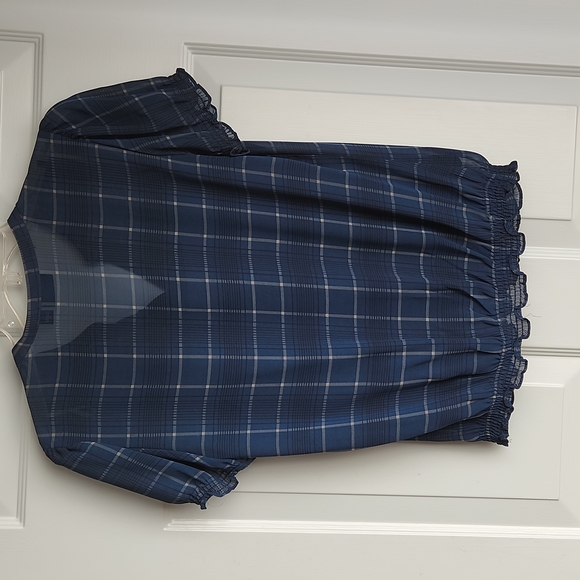 Ana, Women's M, Navy Sheer Plaid Top with Short Elastic Sleeves & Bottom - Picture 5 of 7